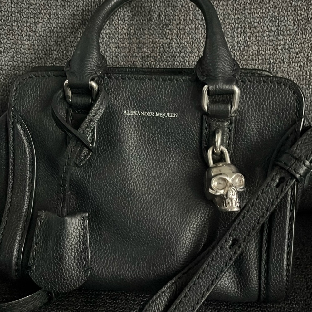Alexander McQueen mini black leather tote with silver hardware